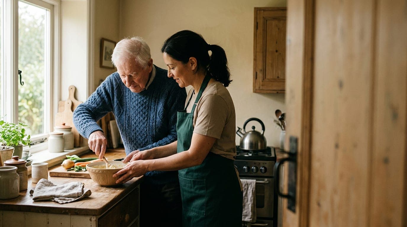 A caregiver assisting an elderly person with care and attention in a comfortable home environment.